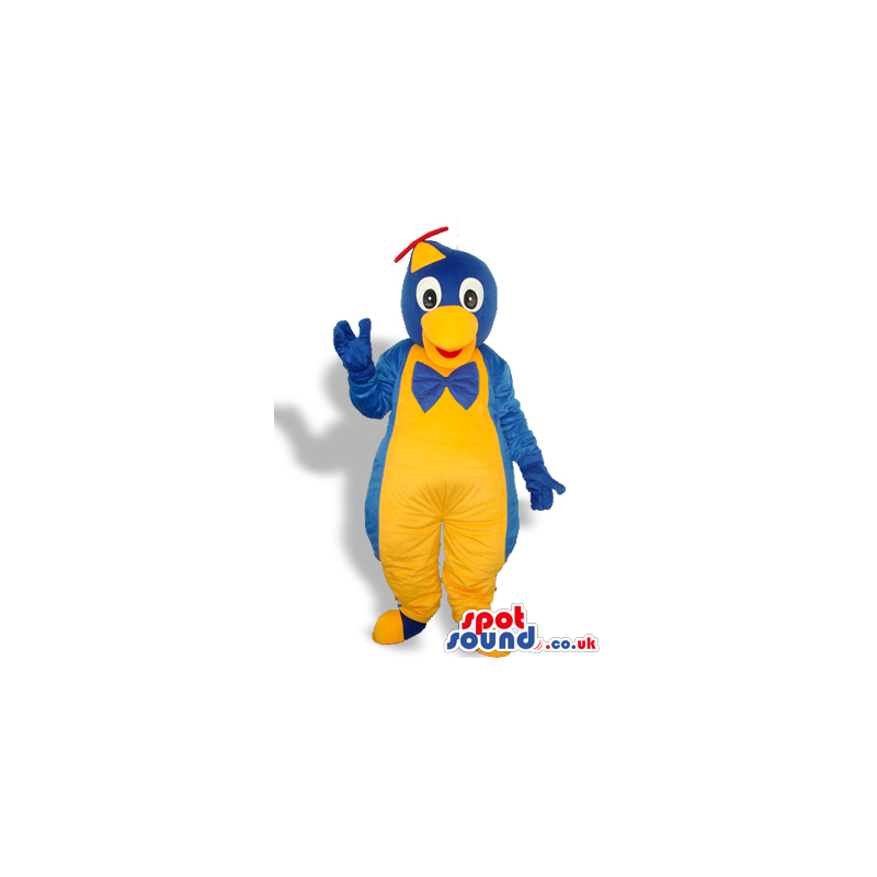 Blue And Yellow Penguin Mascot With A Helicopter Hat And A Bow