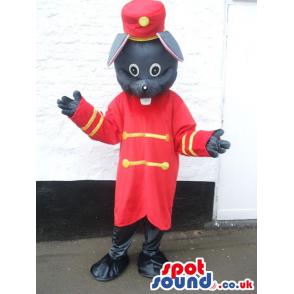 Army rat mascot with red cap and red uniform with blue body -