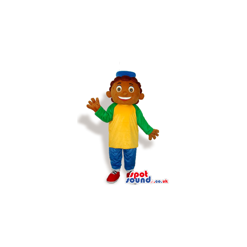 Happy Boy Mascot Wearing Green And Yellow Clothes And A Cap -