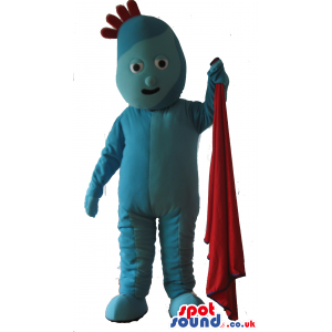 Blue Plush Mascot With Red Hairs Holding A Red Towel - Custom