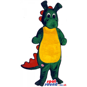 Green Dragon Plush Mascot With Red Spikes And A Yellow Belly -
