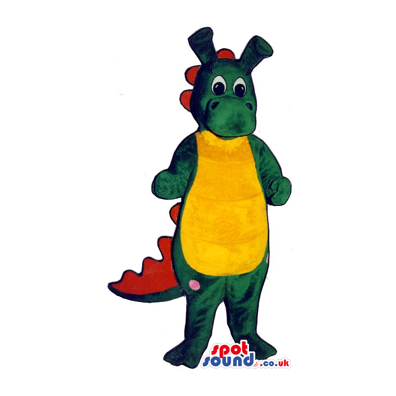 Green Dragon Plush Mascot With Red Spikes And A Yellow Belly -