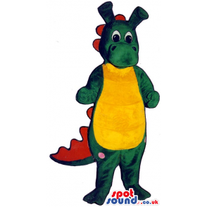 Green Dragon Plush Mascot With Red Spikes And A Yellow Belly -