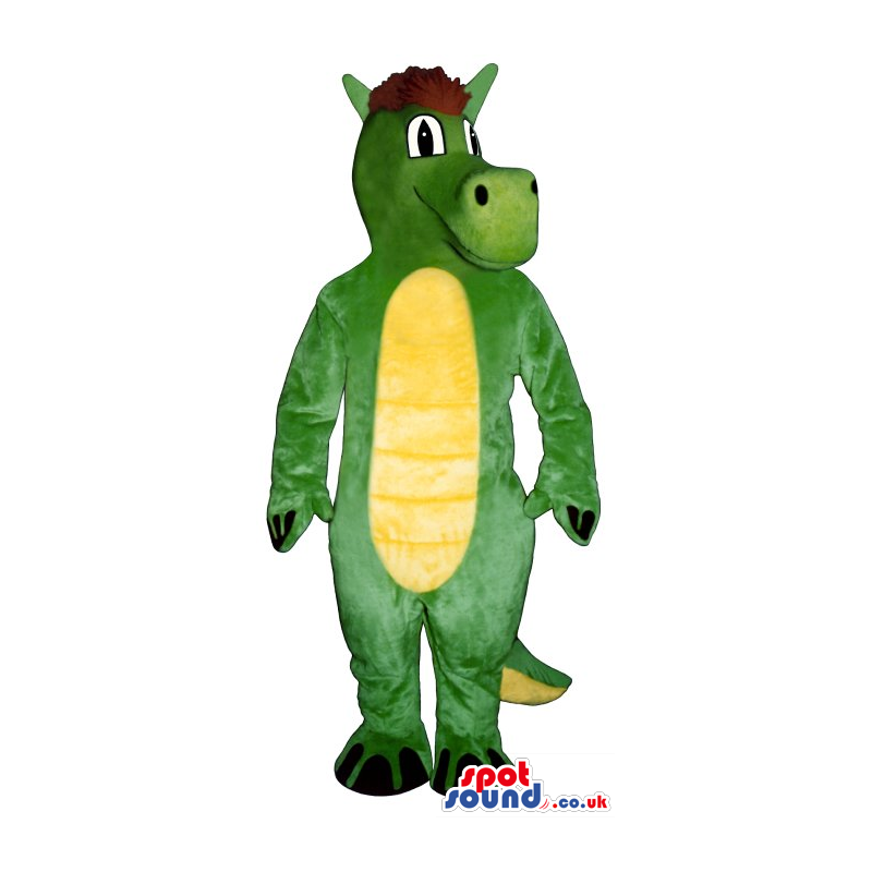 Green Dragon Plush Mascot With Red Hair And A Yellow Belly -