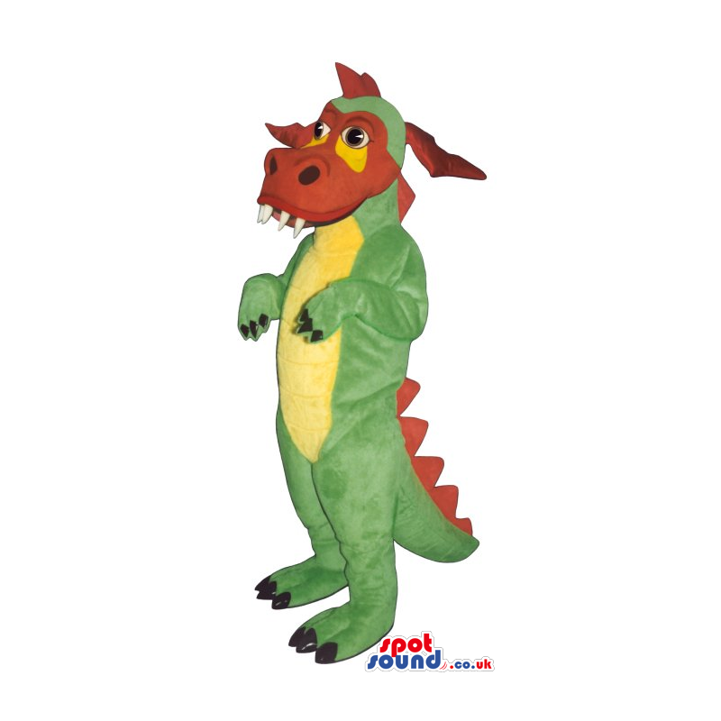 Green Dragon Plush Mascot With A Red Face And Yellow Belly -