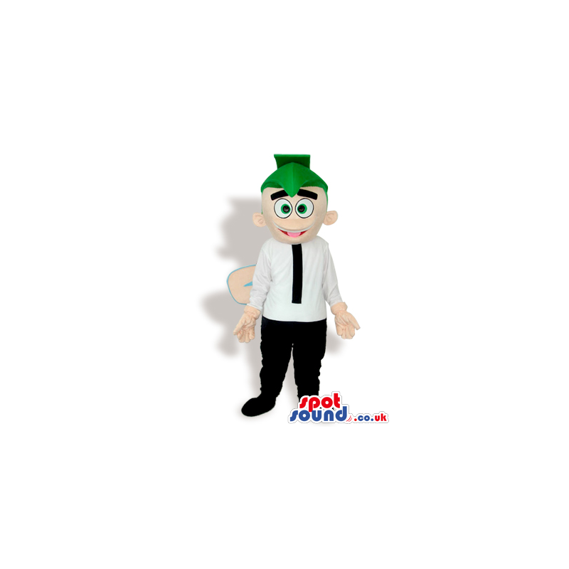 Happy Boy Mascot With Wings Wearing A Green Hat And A Black Tie