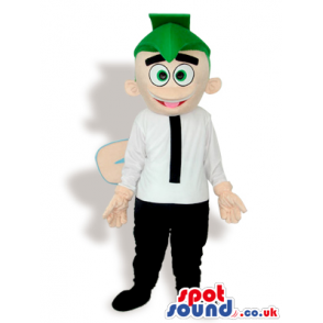 Happy Boy Mascot With Wings Wearing A Green Hat And A Black Tie