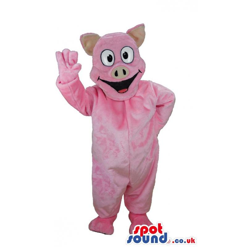 Pink piggy mascot with his hand waving and saying hi - Custom