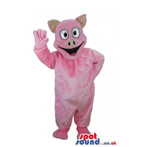 Pink piggy mascot with his hand waving and saying hi - Custom