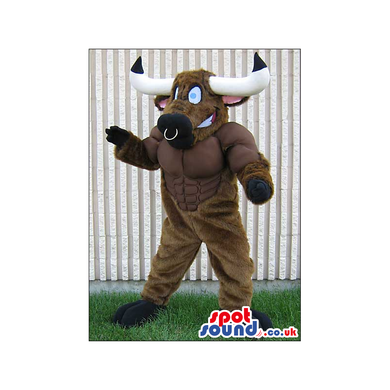 Customizable Strong Brown Bull Animal Mascot With Nose Ring -