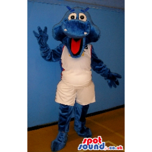 Blue Dinosaur Mascot Wearing White Sports Clothes - Custom