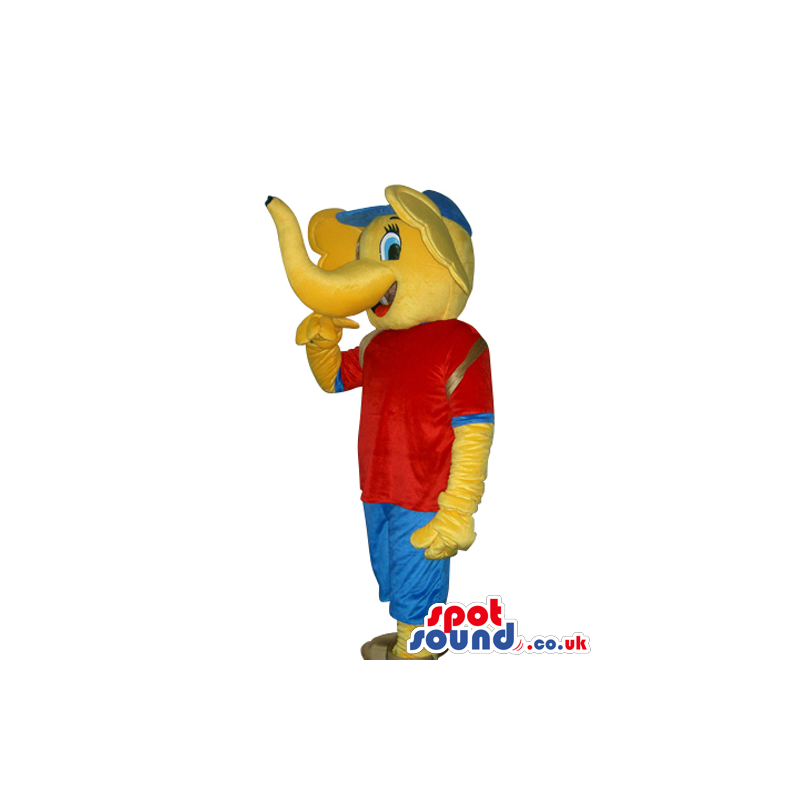 Funny Yellow Elephant Mascot Wearing Red And Blue Clothes -