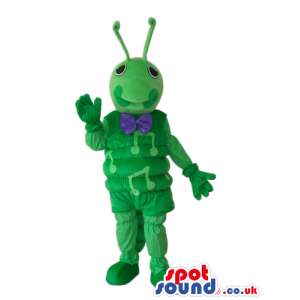All Green Bug Plush Mascot Wearing A Purple Bow Tie - Custom