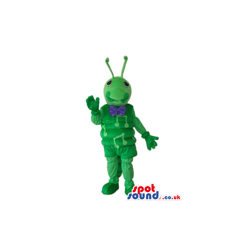 All Green Bug Plush Mascot Wearing A Purple Bow Tie - Custom