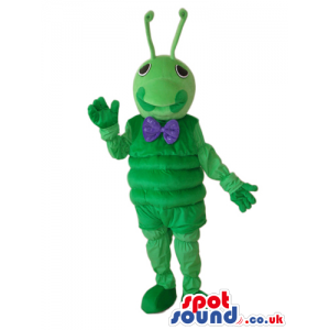 All Green Bug Plush Mascot Wearing A Purple Bow Tie - Custom