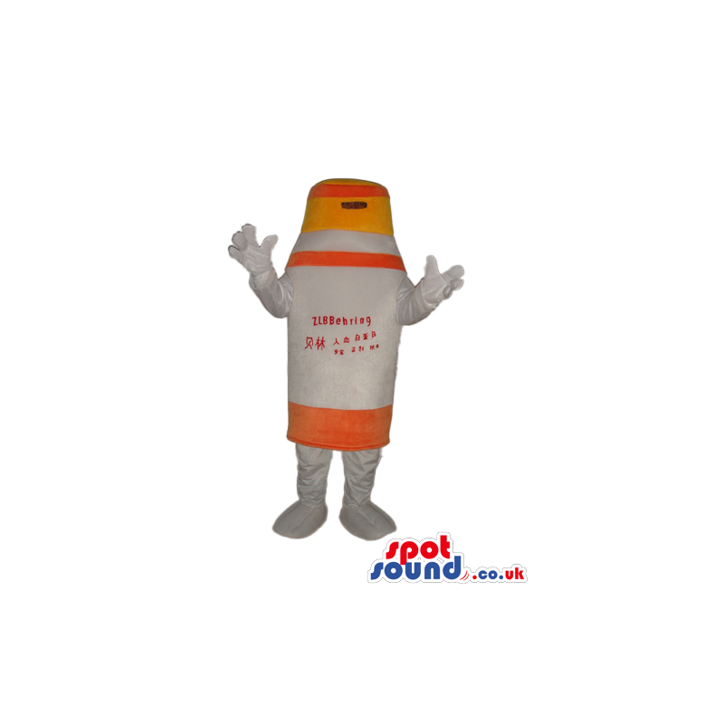 White And Orange Bottle Drink Mascot Or Disguise With Text -