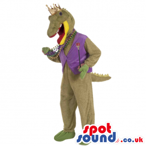 Green Crocodile Mascot Wearing A Vest And A Crown - Custom