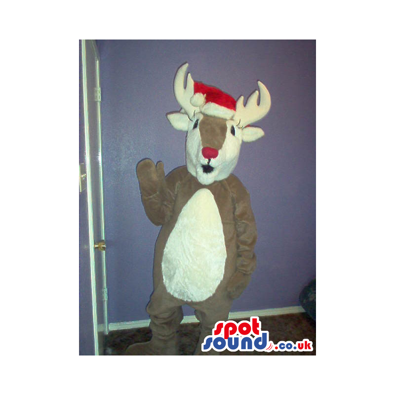 Brown Reindeer Animal Plush Mascot With Christmas Hat - Custom