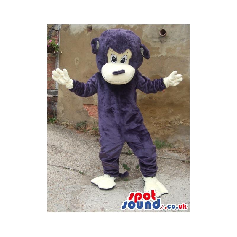 Purple monkey mascot with hands up looking happy - Custom