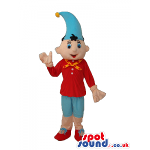 Cute Dwarf Mascot Wearing Red And Blue Clothes And A Hat -