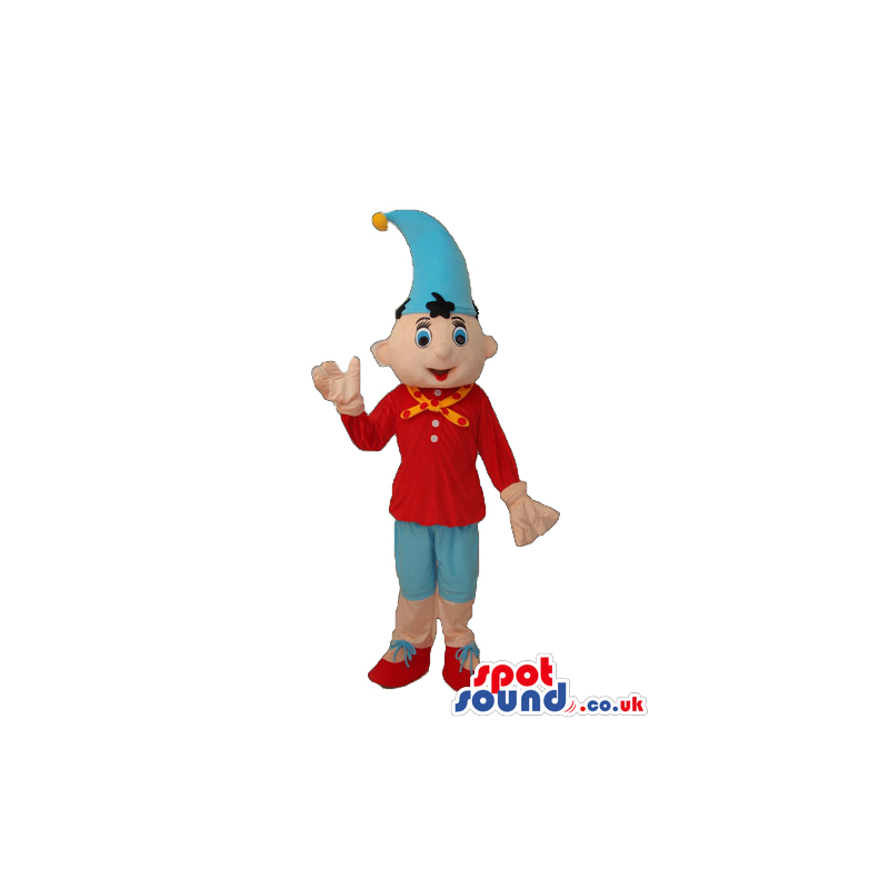 Cute Dwarf Mascot Wearing Red And Blue Clothes And A Hat -