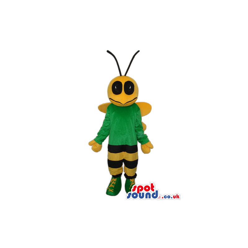 Bee Plush Mascot With Black Eyes Wearing A Green T-Shirt -