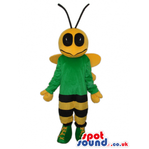 Bee Plush Mascot With Black Eyes Wearing A Green T-Shirt -