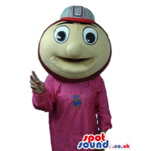 Round Beige Ball Mascot Wearing A Cap And A Red Dress - Custom