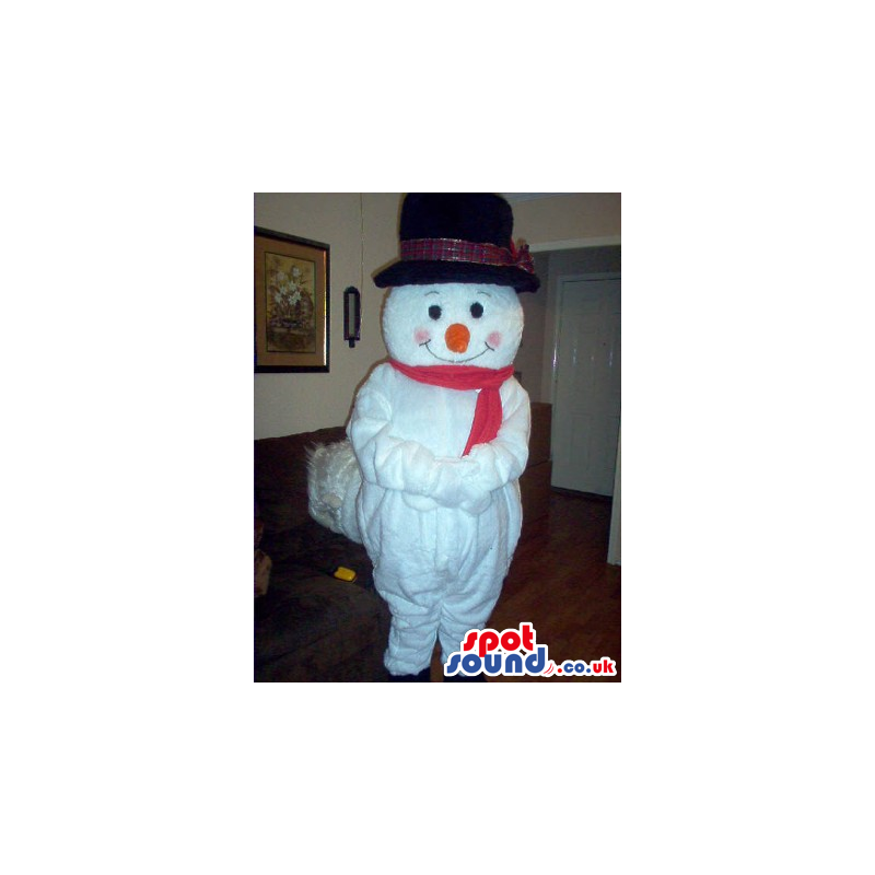 White Snowman Plush Mascot With A Big Black Hat And Orange Nose