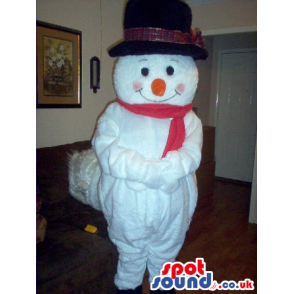 White Snowman Plush Mascot With A Big Black Hat And Orange Nose