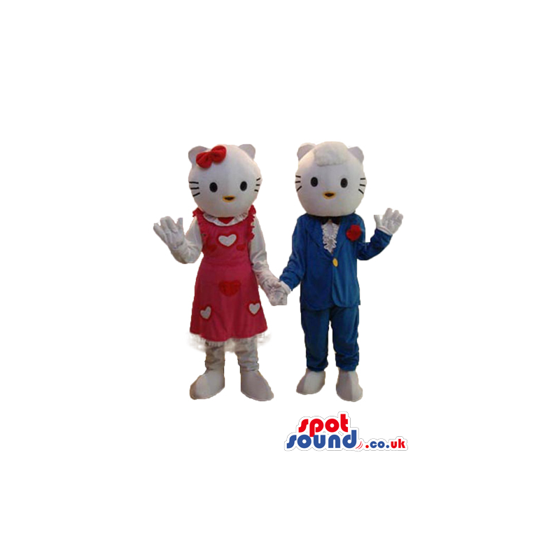 Kitty Cat Couple Plush Mascot Wearing Boy And Girl Garments -