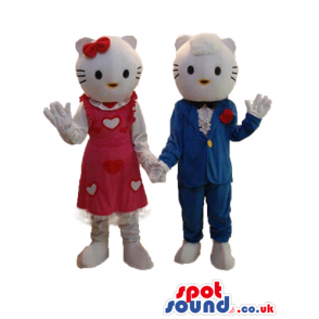 Kitty Cat Couple Plush Mascot Wearing Boy And Girl Garments -