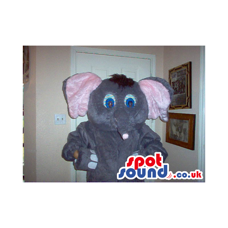 Cute Grey Elephant Plush Mascot With Pink Ears And Blue Eyes -