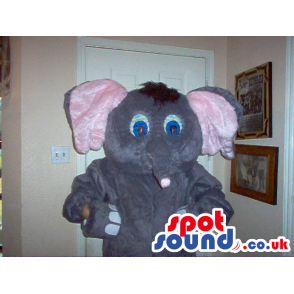 Cute Grey Elephant Plush Mascot With Pink Ears And Blue Eyes -