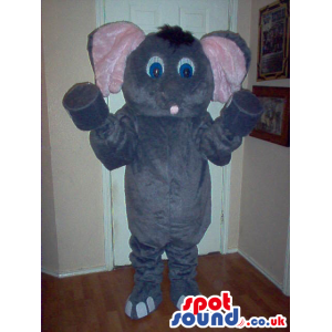 Cute Grey Elephant Plush Mascot With Pink Ears And Blue Eyes -