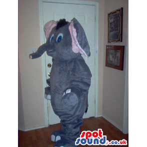 Cute Grey Elephant Plush Mascot With Pink Ears And Blue Eyes -