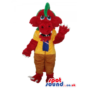 Red Monster Plush Mascot Wearing Yellow Scout Boy Garments -