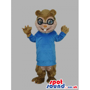 Nerd Brown Chipmunk Plush Mascot With Blue Shirt And Glasses -