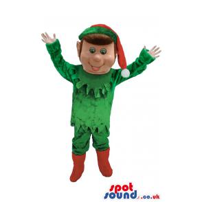 Boy mascot in green costume and red hat and red boots - Custom