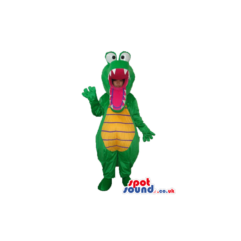 Green Crocodile Mascot Or Disguise With Popping Eyes - Custom