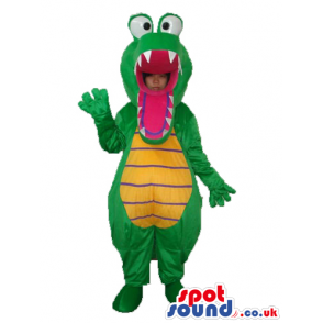 Green Crocodile Mascot Or Disguise With Popping Eyes - Custom