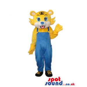 Young Yellow Lion Animal Plush Mascot Wearing Blue Overalls -