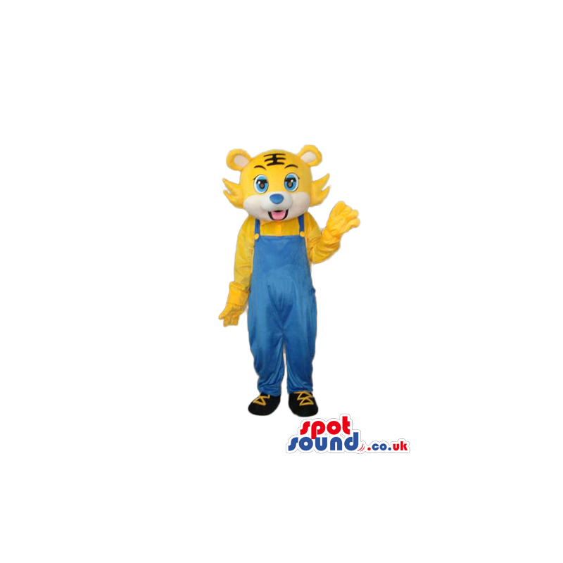 Young Yellow Lion Animal Plush Mascot Wearing Blue Overalls -