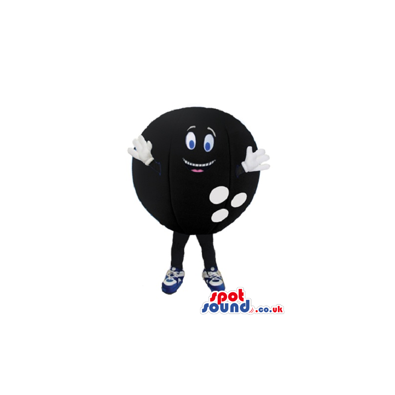 Funny Black Bowling Ball Mascot With Blue Eyes And Space For