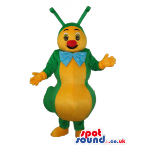 Cute Green And Yellow Caterpillar Mascot Wearing A Blue Bow Tie