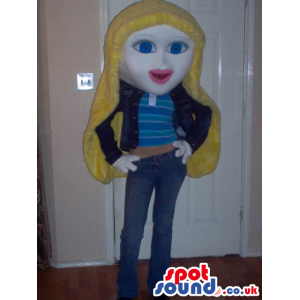 Blond Girl Character Mascot Wearing Casual Garments - Custom