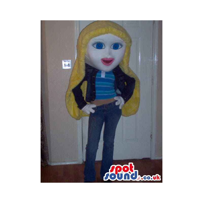 Blond Girl Character Mascot Wearing Casual Garments - Custom