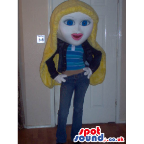 Blond Girl Character Mascot Wearing Casual Garments - Custom