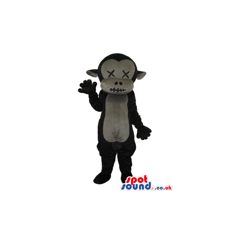 Black Plush Monkey Mascot With A Grey Belly And Stitched Eyes -