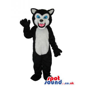 Black Wolf Plush Mascot With A White Belly And Blue Eyes -